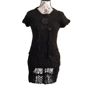 🇨🇦 Vitrin Design Black Wool Open Knit Tunic With Sequin Floral Size Small